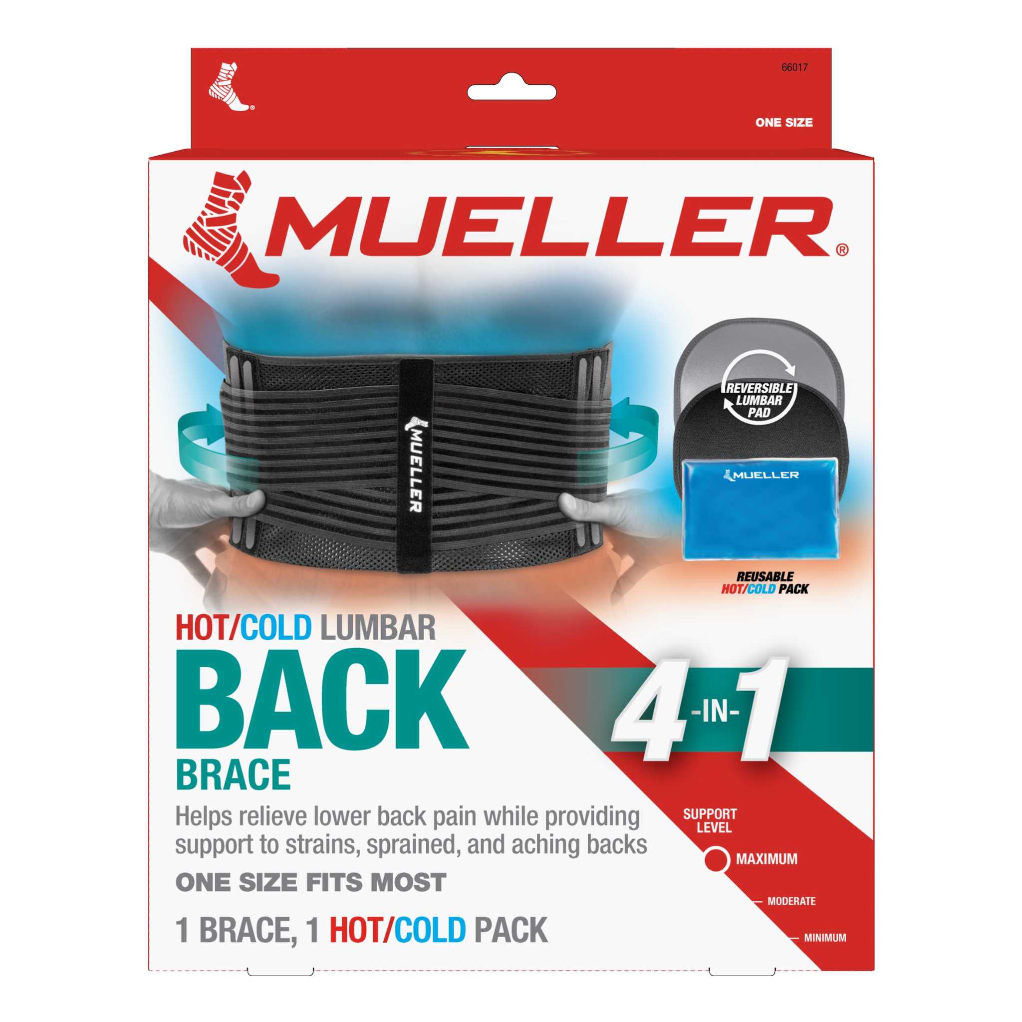 Mueller® 4-in-1 Lumbar Back Brace with Removable Hot/Cold Pack, Unisex, One Size Fits Most - Black