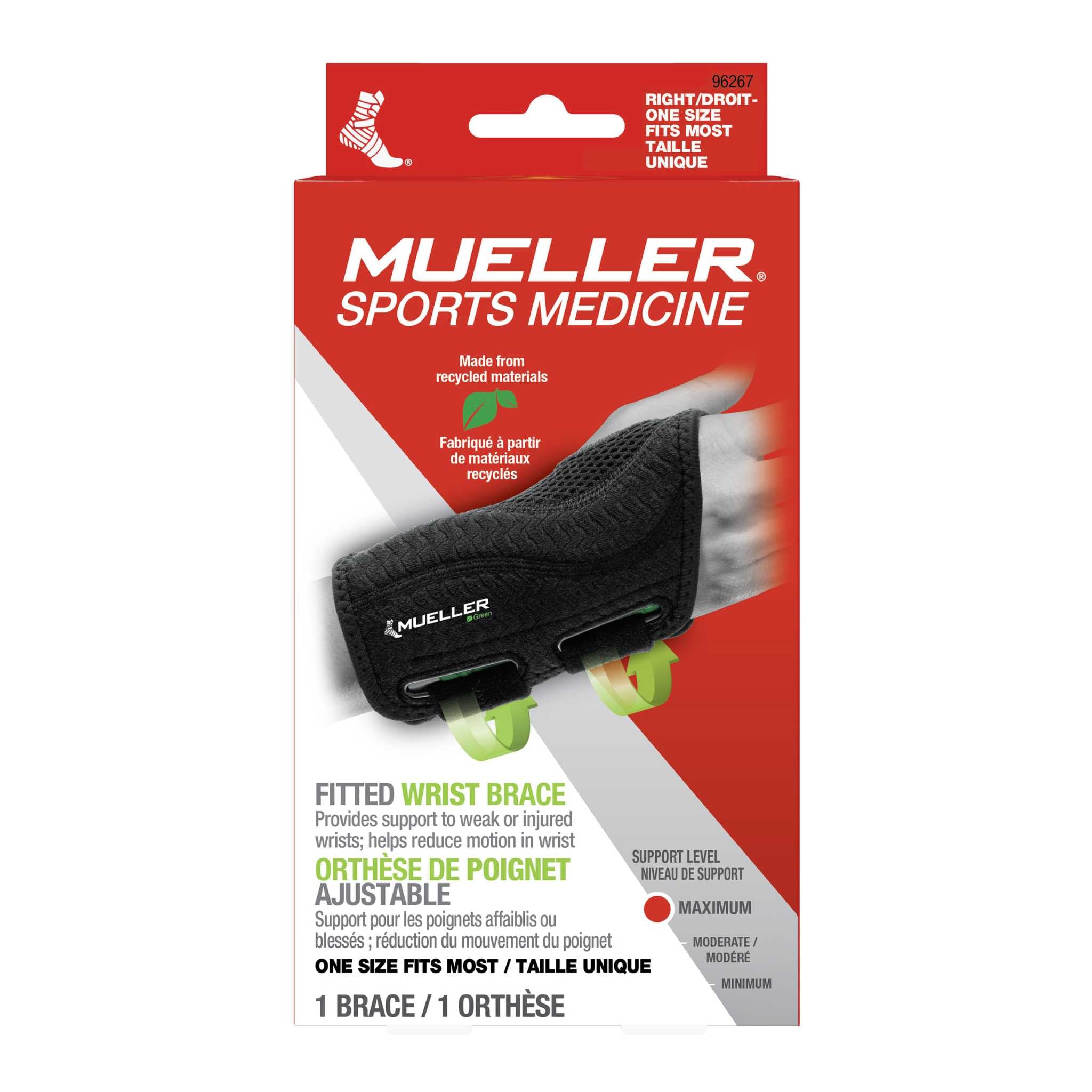 Mueller® Green Fitted Wrist Brace, Right Hand, Unisex, One Size Fits Most - Black